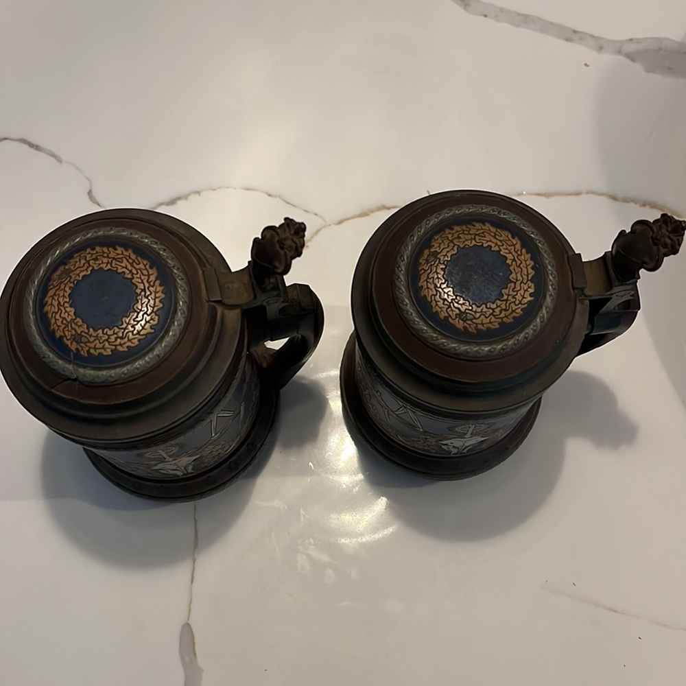 Vintage Mettlach German Beer Steins w/ lid matching 2pc set skull & cross - Picture 2 of 9